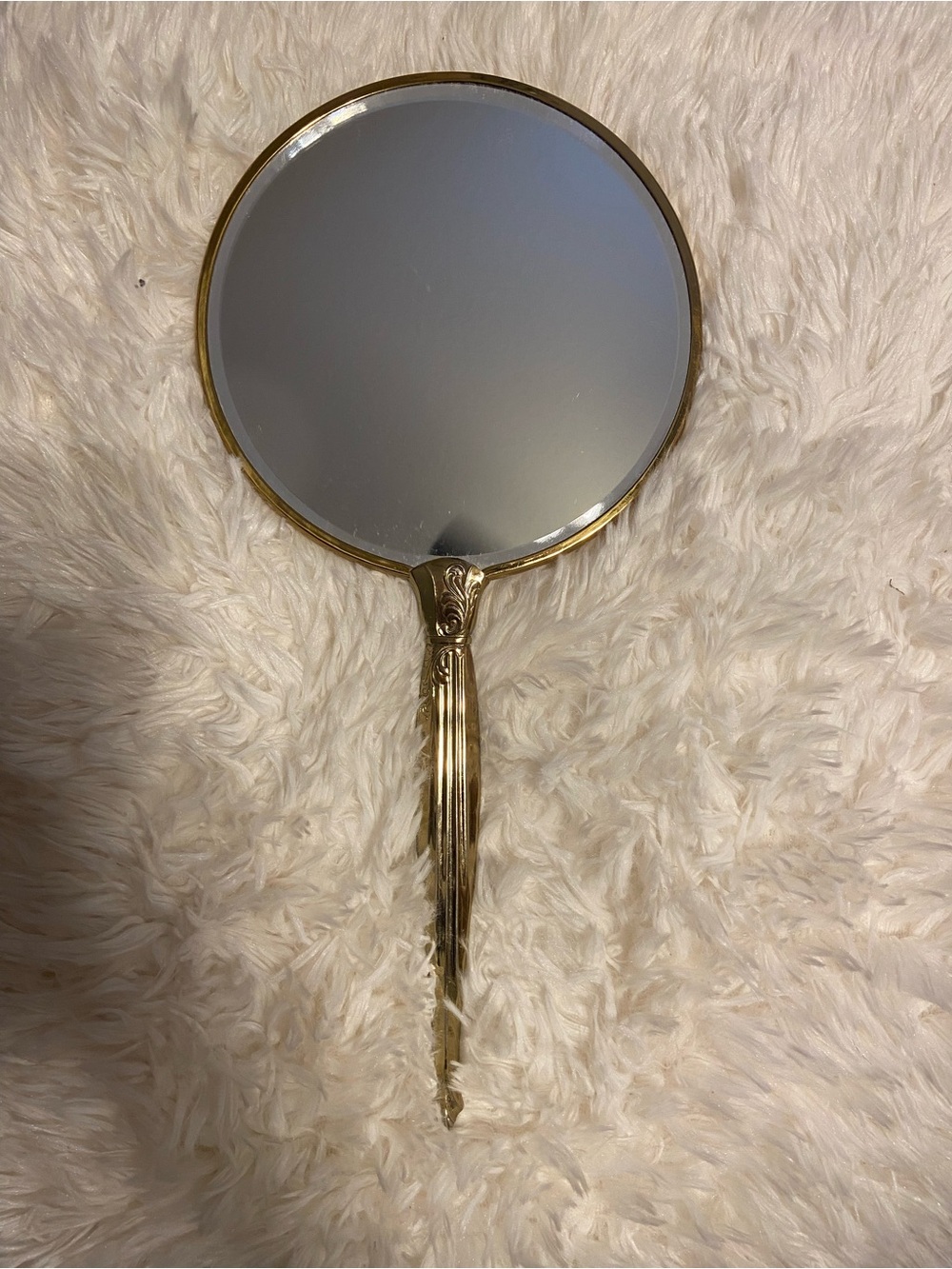 Vintage Gold Tone Heavy Round Handheld Mirror 14 1/2”